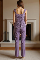 Dreamyannie Purple Floral Square Neck Chiffon 3 Piece Mother Of The Bride Pant Suits With Jacket