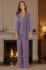 Dreamyannie Purple Floral Square Neck Chiffon 3 Piece Mother Of The Bride Pant Suits With Jacket