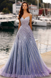 Dreamyannie Purple Prom Dress A Line Sweetheart Strapless Sleeveless Sequined Floor Length Tulle Formal Dress