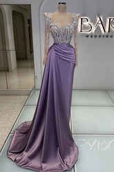 Dreamyannie Purple Prom Dress Beading Lace Sequined Evening Dress With Sleeves
