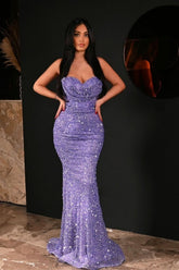 Dreamyannie Purple Prom Dress Mermaid Sweetheart Sequined Sleeveless Floor Length Formal Dress