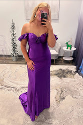 Dreamyannie Purple Prom Dress Strapless Ruched Satin Mermaid Formal Dress