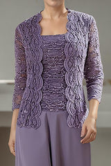 Dreamyannie Purple Square Neck Chiffon 3 Piece Mother Of The Bride Pant Suits With Jacket