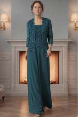 Dreamyannie Purple Square Neck Chiffon 3 Piece Mother Of The Bride Pant Suits With Jacket