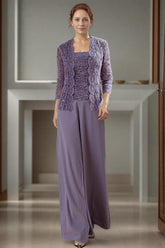 Dreamyannie Purple Square Neck Chiffon 3 Piece Mother Of The Bride Pant Suits With Jacket