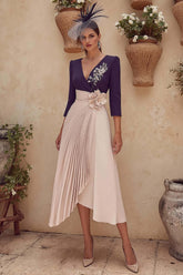 Dreamyannie Purple V Neck Pleated Midi Mother Of The Bride Dress With 3D Flower