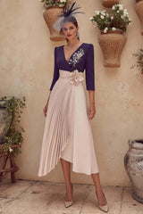 Dreamyannie Purple V Neck Pleated Midi Mother Of The Bride Dress With 3D Flower