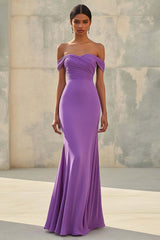 Dreamyannie Purple Wedding Guest Dress Chiffon Mermaid Off The Shoulder Long Formal Dress With Ruch
