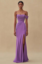 Dreamyannie Purple Wedding Guest Dress Mermaid Off The Shoulder Long Formal Dress With Slit