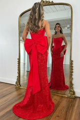 Dreamyannie Red Lace Formal Gown With Structured Corset Bodice And Statement Bow Formal Evening Gown