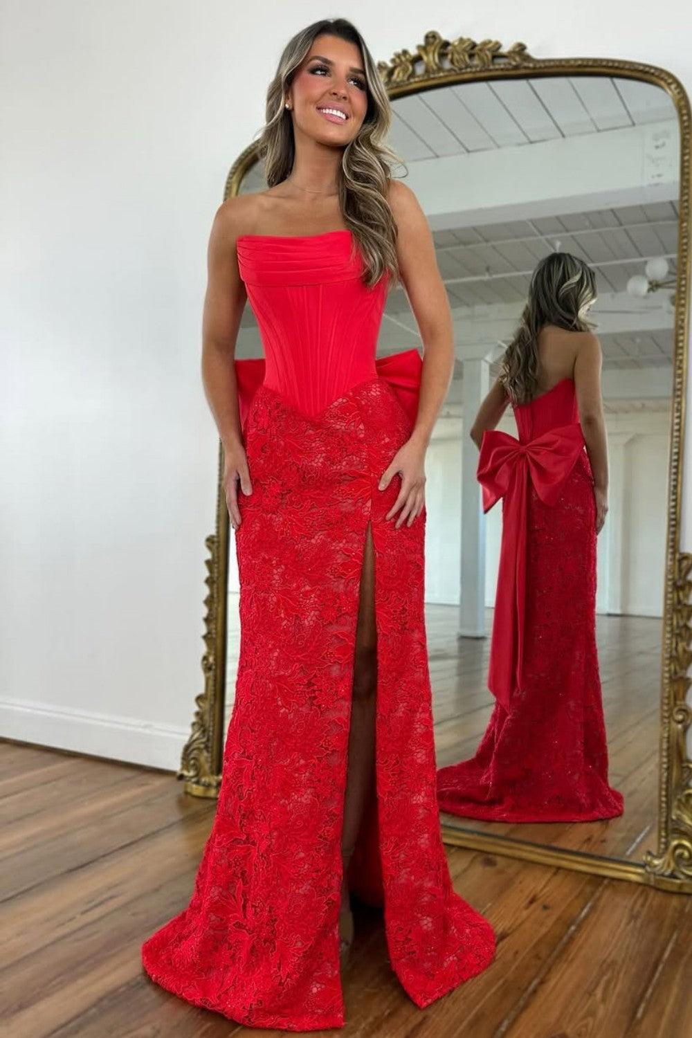 Dreamyannie Red Lace Formal Gown With Structured Corset Bodice And Statement Bow Formal Evening Gown
