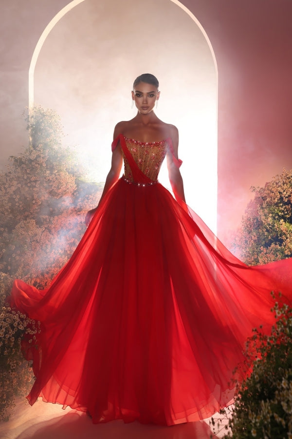 Dreamyannie Red Prom Dress A Line Off The Shoulder Chiffon Beading Evening Dress