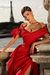 Dreamyannie Red Prom Dress A Line Off The Shoulder Evening Dress With Slit