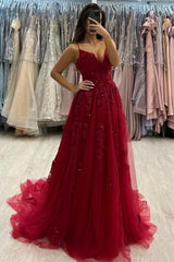 Dreamyannie Red Prom Dress A Line Spaghetti Strap V Neck Beaded Sleeveless Tulle Formal Dress With Appliques