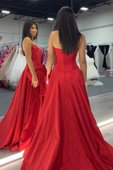 Dreamyannie Red Prom Dress A-Line Strapless Beaded Long Evening Dress With Slit
