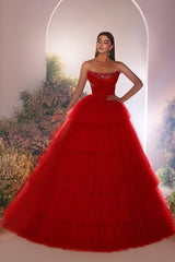 Dreamyannie Red Prom Dress A Line Strapless Sequined Sleeveless Floor Length Tulle Formal Dress With Rhinestone