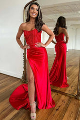 Dreamyannie Red Prom Dress Beaded Corset Mermaid Long Evening Dress With Slit