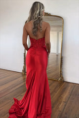 Dreamyannie Red Prom Dress Halter Lace Corset Evening Dress With Slit