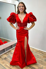 Dreamyannie Red Prom Dress Mermaid Beaded V-Neck Long Evening Dress With Puff Sleeves