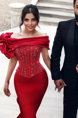 Dreamyannie Red Prom Dress Mermaid Off The Shoulder Sequined Beading Evening Dress With Lace