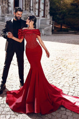 Dreamyannie Red Prom Dress Mermaid Off The Shoulder Sequined Beading Evening Dress With Lace