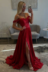 Dreamyannie Red Prom Dress Pleated A Line Formal Dress With Slit