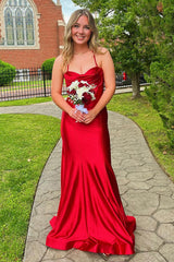 Dreamyannie Red Prom Dress Ruche Satin Mermaid Spaghetti Straps Long Evening Dress