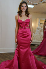 Dreamyannie Red Prom Dress Satin Mermaid Long Formal Dress With Ruffles