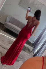 Dreamyannie Red Prom Dress Spaghetti Straps Ruhed Long Lace Formal Dress With Appliques