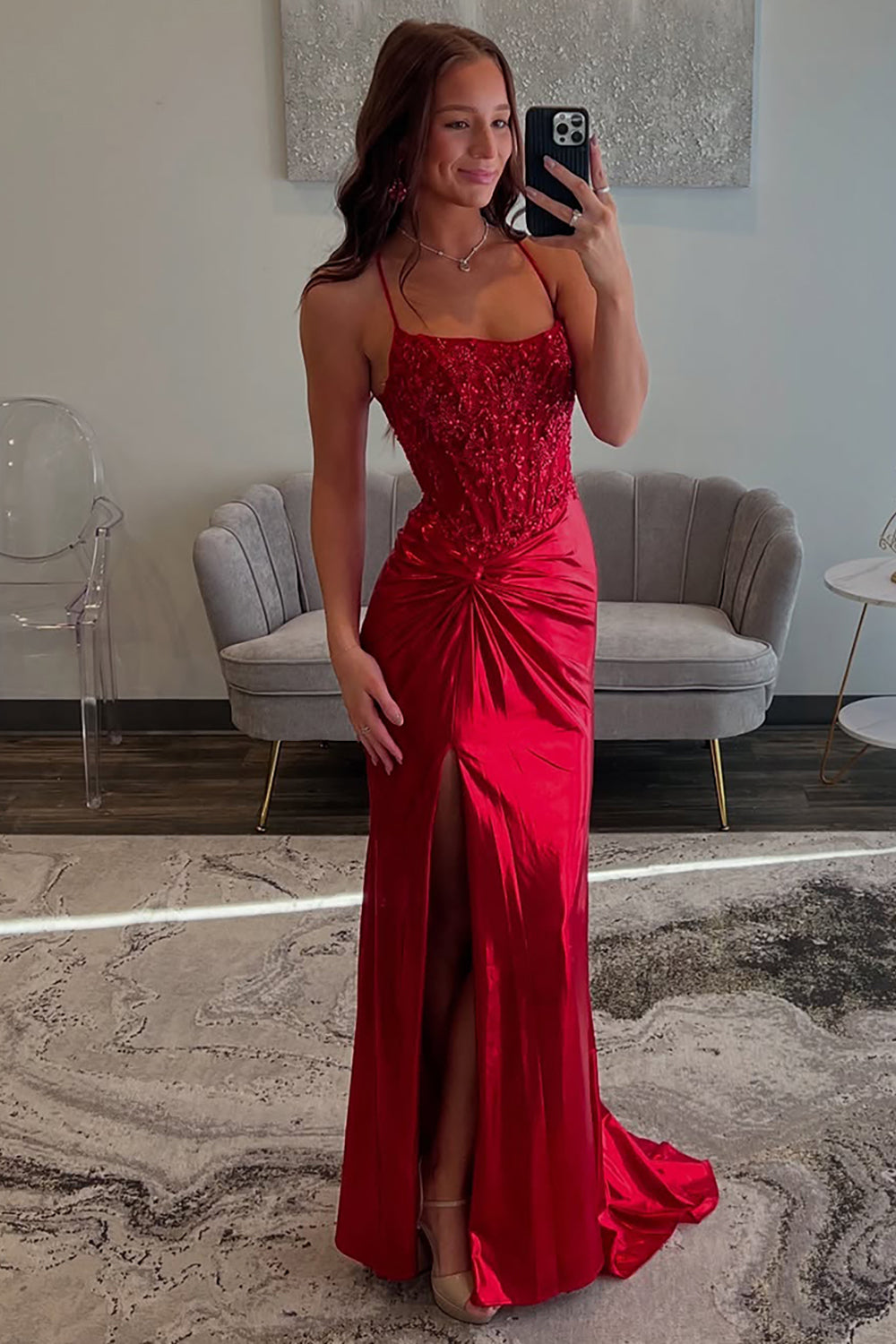 Dreamyannie Red Prom Dress Spaghetti Straps Ruhed Long Lace Formal Dress With Appliques