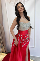 Dreamyannie Red Prom Dress Strapless Mermaid Beaded Sleeveless Slit Panel Train Satin Formal Dress With Rhinestone