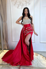 Dreamyannie Red Prom Dress Strapless Mermaid Beaded Sleeveless Slit Panel Train Satin Formal Dress With Rhinestone