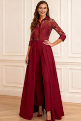 Dreamyannie Red Satin Lapel Floor Length Mother Of The Bride Jumpsuits With Cape