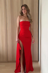Dreamyannie Red Strapless Ruched Strapless Long Mermaid Prom Dress With High Slit Formal Evening Gown