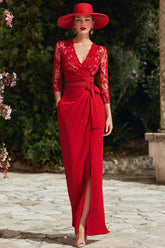 Dreamyannie Red V Neck Lace Mermaid Long Mother Of The Bride Dress With Pockets