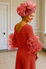 Dreamyannie Red V Neck Satin Floor Length Mother Of The Bride Jumpsuits With Feathers