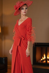 Dreamyannie Red V Neck Satin Floor Length Mother Of The Bride Jumpsuits With Feathers
