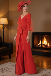 Dreamyannie Red V Neck Satin Floor Length Mother Of The Bride Jumpsuits With Feathers
