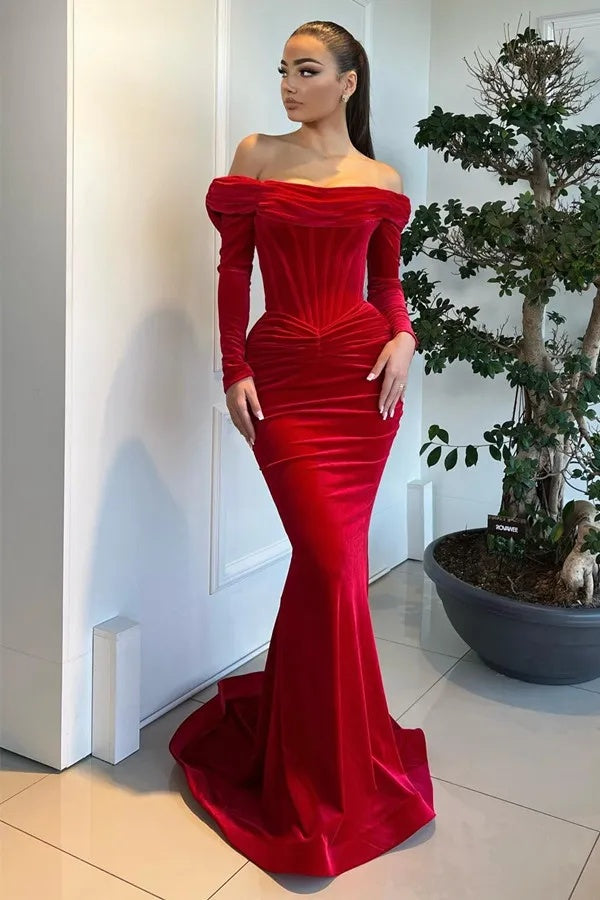 Dreamyannie Red Velvet Formal Dress Mermaid Long Sleeve Christmas Party Dress
