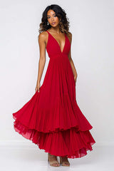 Dreamyannie Red Wedding Guest Dress Deep V-Neck Pleated Ruffled Long Chiffon Formal Dress