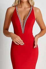 Dreamyannie Red Wedding Guest Dress Deep V-Neck Sheath Long Formal Dress With Beading