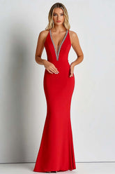 Dreamyannie Red Wedding Guest Dress Deep V-Neck Sheath Long Formal Dress With Beading