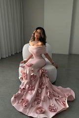 Dreamyannie Romantic Off-Shoulder Pink Mermaid Prom Dress With Floral Train Formal Evening Gown