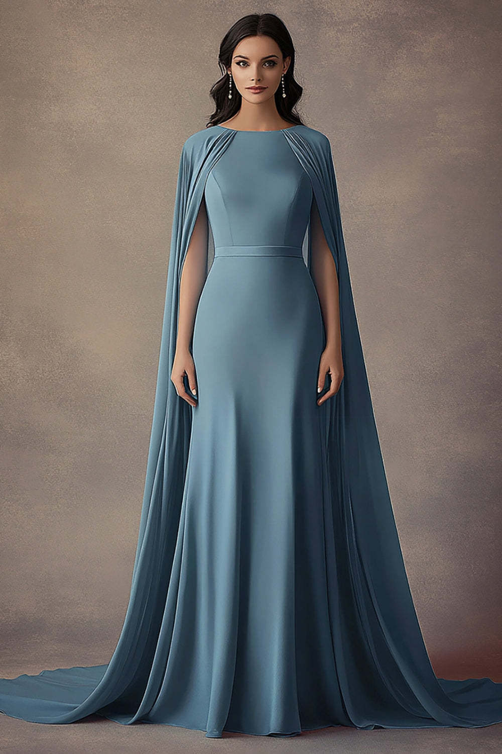 Dreamyannie Round Neck Long Ruched Grey Blue Wedding Guest Dress Formal Dress With Shawl