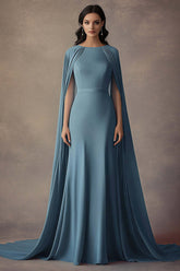Dreamyannie Round Neck Long Ruched Grey Blue Wedding Guest Dress Formal Dress With Shawl