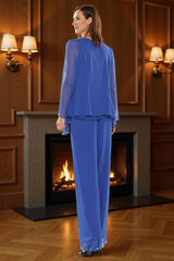 Dreamyannie Royal Blue Boat Neck 3 Piece Chiffon Mother Of The Bride Pant Suits With Sleeves