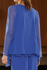 Dreamyannie Royal Blue Boat Neck 3 Piece Chiffon Mother Of The Bride Pant Suits With Sleeves