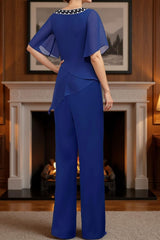Dreamyannie Royal Blue Chiffon Bateau Neck 2 Piece Mother Of The Bride Pant Suits With Sleeves