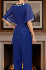 Dreamyannie Royal Blue Chiffon Bateau Neck 2 Piece Mother Of The Bride Pant Suits With Sleeves
