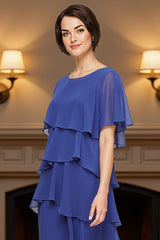 Dreamyannie Royal Blue Chiffon Boat Neck Tiered Knee Length Mother Of The Bride Dress